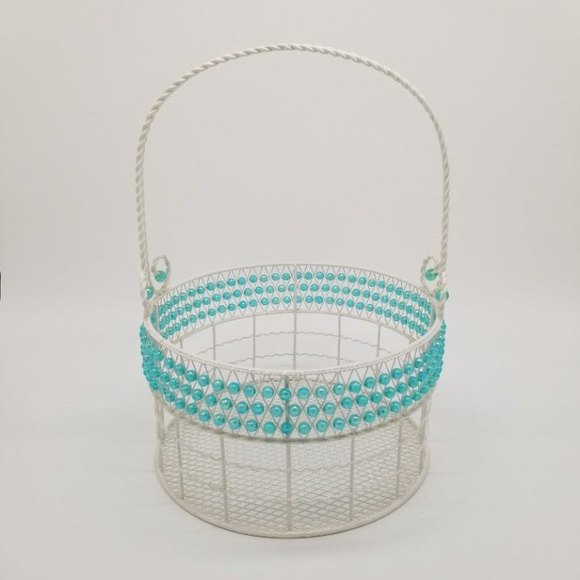 White Turquoise Beaded Wire Mesh Metal Basket Easter Spring Gift Home Decor - Picture 1 of 6
